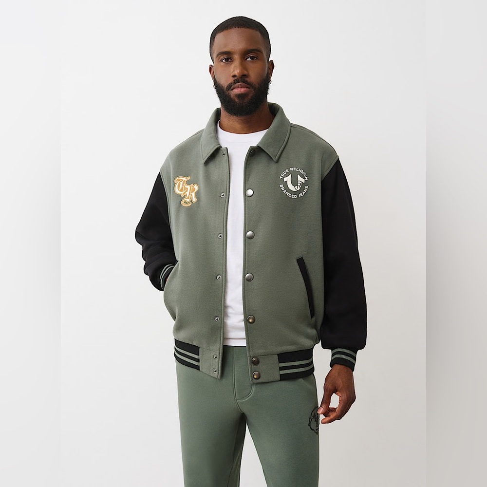 True Religion Collared Patch Fleece Varsity Jacket